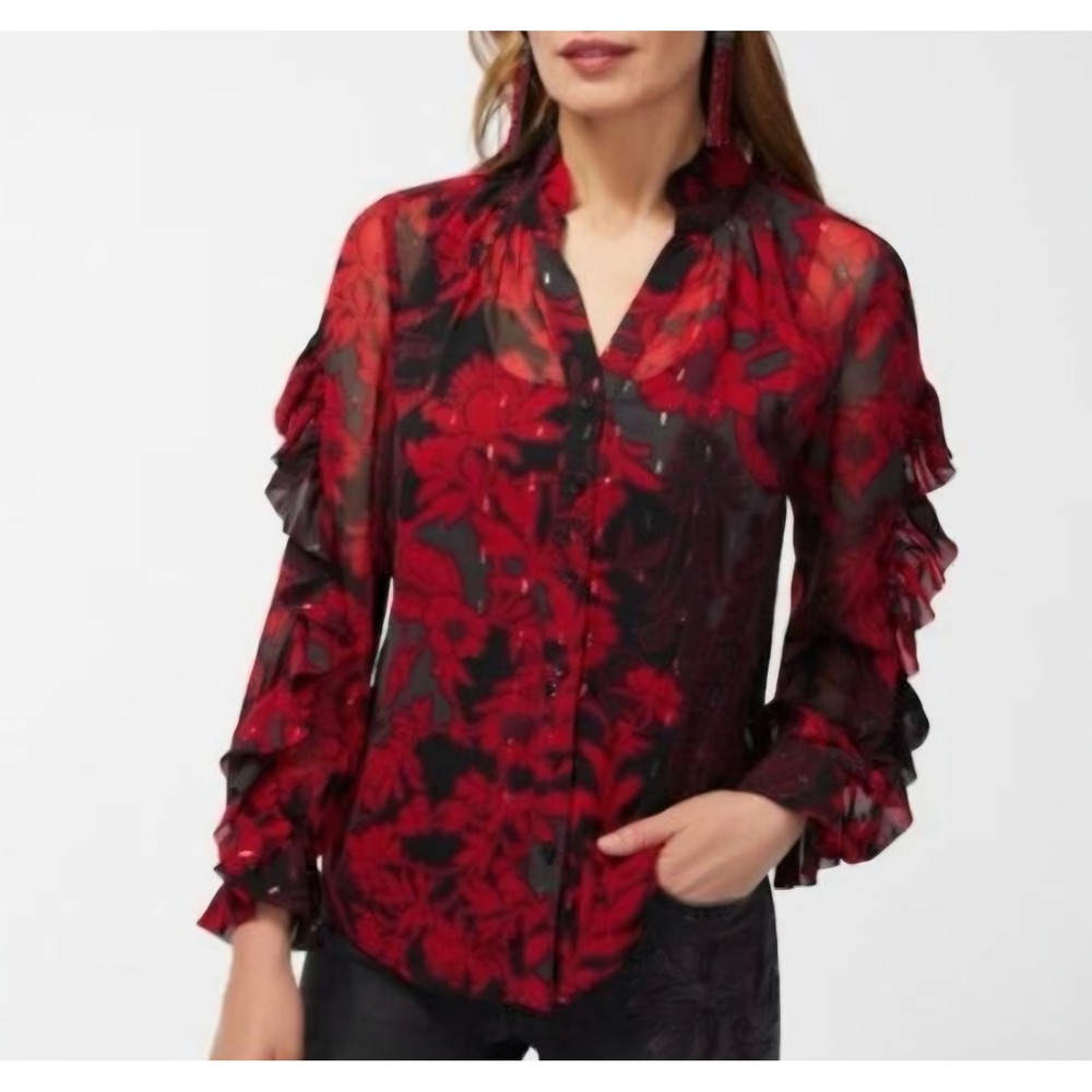 Chicos Red Black Floral Paisley Ruffle Sleeve Metallic Blouse Size 1 US 8